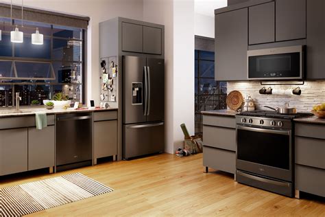 kitchen with grey cabinets and black stainless steel appliances|black stainless steel color schemes.